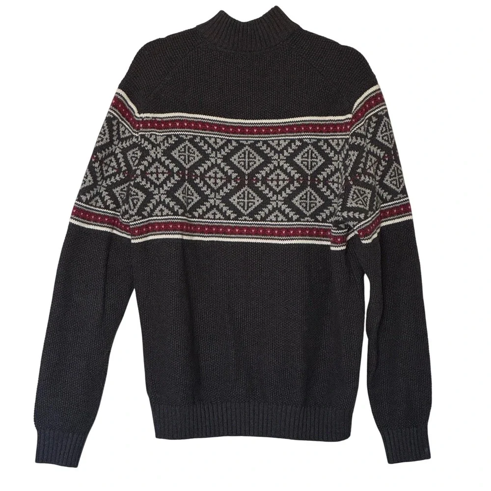 IZOD Quarter-Zip Sweater Charcoal Gray Fair Isle Nordic Geometric Mens Large L
